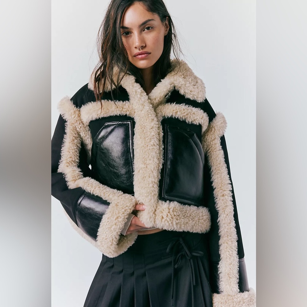 Stand Studio Black Leather Shearling Trim Jacket